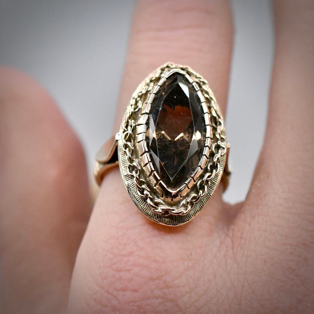 Vintage 14k Gold Smoky Quartz Ring Marquise Statement Cocktail Estate Size 6.5